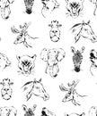 Hand drawn vector abstract artistic ink textured graphic sketch drawing illustrations seamless pattern of wildlife Royalty Free Stock Photo