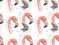 Hand drawn vector abstract artistic seamless pattern of tropical exotic paradise birds pink flamingos in pastel colors Royalty Free Stock Photo