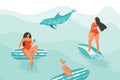 Hand drawn vector abstract cartoon graphic summer time funny illustrations poster with surfer girls in red bikini with