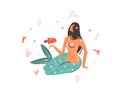 Hand drawn vector abstract cartoon graphic summer time underwater illustrations with coral reefs,fish and mermaid girl Royalty Free Stock Photo