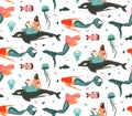 Hand drawn vector abstract cartoon graphic summer time underwater illustrations seamless pattern with killer whale