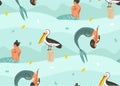 Hand drawn vector abstract cartoon graphic summer time underwater illustrations seamless pattern with pelican bird,fishes and beau