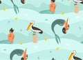 Hand drawn vector abstract cartoon graphic summer time underwater illustrations seamless pattern with pelican bird