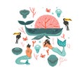 Hand Drawn Vector Abstract Cartoon Graphic Summer Time Underwater Illustrations Set With Coral Reefs,crab,jellyfish