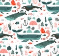 Hand drawn vector abstract cartoon graphic summer time underwater ocean bottom illustrations seamless pattern with coral Royalty Free Stock Photo