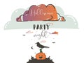 Hand drawn vector abstract cartoon Happy Halloween illustrations party poster card with ravens,bats,pumpkins on cemetery Royalty Free Stock Photo