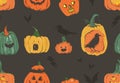 Hand drawn vector abstract cartoon Happy Halloween illustrations seamless pattern with pumpkins horned latern monsters