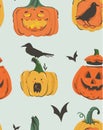 Hand drawn vector abstract cartoon Happy Halloween illustrations seamless pattern with pumpkins emoji horned lanterns