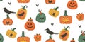 Hand drawn vector abstract cartoon Happy Halloween illustrations seamless pattern with pumpkins emoji horned lanterns