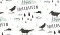 Hand drawn vector abstract cartoon Happy Halloween illustrations seamless pattern with ravens,crows,drops,clouds and