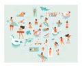 Hand drawn vector abstract cartoon summer time fun big swimming people group collection illustrations set isolated on