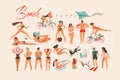 Hand drawn vector abstract cartoon summer time fun big swimming people group collection illustrations set isolated on