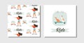 Hand drawn vector abstract cartoon summer time fun cards set collection with young girl on skateboard and dogs