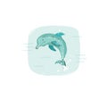 Hand drawn vector abstract cartoon summer time fun illustration with jumping dolphin in blue ocean waves isolated on Royalty Free Stock Photo