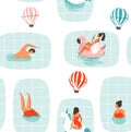 Hand drawn vector abstract cartoon summer time fun illustration seamless pattern with swimming people in swimming pool Royalty Free Stock Photo