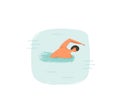 Hand drawn vector abstract cartoon summer time fun illustrations icon with swimming boy in blue ocean waves isolated on Royalty Free Stock Photo