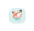 Hand drawn vector abstract cartoon summer time fun illustrations icon with swimming girl on pink flamingo buoy ring Royalty Free Stock Photo