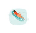 Hand drawn vector abstract cartoon summer time fun illustrations icon with swimming surfer girl on longboard in blue Royalty Free Stock Photo