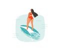 Hand drawn vector abstract cartoon summer time fun illustrations icon with swimming surfer girl on longboard in blue Royalty Free Stock Photo