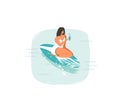 Hand drawn vector abstract cartoon summer time fun illustrations icon with swimming surfer girl on longboard in blue Royalty Free Stock Photo