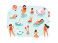 Hand drawn vector abstract cartoon summer time fun swimming people group collection illustrations set isolated on blue Royalty Free Stock Photo