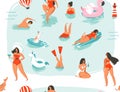 Hand drawn vector abstract cartoon summer time fun swimming people group collection seamless pattern illustrations Royalty Free Stock Photo