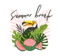 Hand drawn vector abstract cartoon summer time graphic illustrations art with exotic tropical sign with rainforest