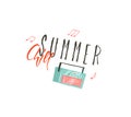 Hand drawn vector abstract cartoon summer time graphic illustrations art with music record player and Summer Chill typography quot