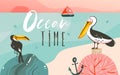 Hand drawn vector abstract cartoon summer time graphic illustrations art template background with ocean beach landscape Royalty Free Stock Photo