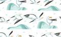 Hand drawn vector abstract cartoon summer time graphic illustrations artistic seamless pattern with flying sea gulls Royalty Free Stock Photo