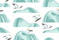 Hand drawn vector abstract cartoon summer time graphic illustrations artistic seamless pattern with flying sea gulls Royalty Free Stock Photo