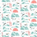 Hand drawn vector abstract cartoon summer time graphic illustrations artistic seamless pattern with flying sea gulls Royalty Free Stock Photo