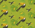 Hand drawn vector abstract cartoon summer time graphic illustrations artistic seamless pattern with toucan birds and Royalty Free Stock Photo