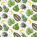 Hand drawn vector abstract cartoon summer time graphic illustrations seamless pattern with banana fruits and tropical Royalty Free Stock Photo