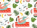 Hand drawn vector abstract cartoon summer time graphic illustrations seamless pattern with relaxing girl,beach birds Royalty Free Stock Photo