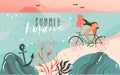 Hand drawn vector abstract cartoon summer time graphic illustrations template background with ocean beach landscape Royalty Free Stock Photo