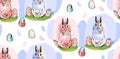 Hand drawn vector abstract collage drawing cute seamless pattern with realistic rabbits and Easter eggs in pastel colors