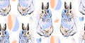 Hand drawn vector abstract collage drawing cute seamless pattern with realistic rabbits in pastel colors.Easter bunnies