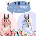 Hand drawn vector abstract collage funny poster with realistic rabbits,Easter eggs and Happy Easter quotes in pastel