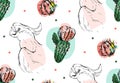 Hand drawn vector abstract collage seamless pattern with tropical parrot and succulent cactus flower in pastel colors Royalty Free Stock Photo