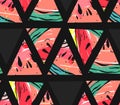 Hand drawn vector abstract collage seamless pattern with watermelon motif and triangle hipster shapes isolated on black Royalty Free Stock Photo