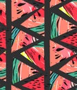 Hand drawn vector abstract collage seamless pattern with watermelon motif and triangle hipster shapes isolated on black