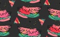 Hand drawn vector abstract collage seamless pattern with watermelon motif and triangle hipster shapes isolated on black