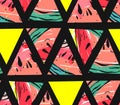 Hand drawn vector abstract collage seamless pattern with watermelon motif and triangle hipster shapes isolated on black