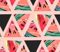 Hand drawn vector abstract collage seamless pattern with watermelon motif and triangle hipster shapes isolated on color