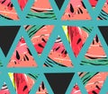 Hand drawn vector abstract collage seamless pattern with watermelon motif and triangle hipster shapes isolated on color Royalty Free Stock Photo