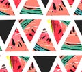 Hand drawn vector abstract collage seamless pattern with watermelon motif and triangle hipster shapes isolated on white Royalty Free Stock Photo