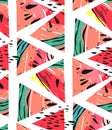 Hand drawn vector abstract collage seamless pattern with watermelon motif and triangle hipster shapes isolated on white Royalty Free Stock Photo