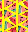 Hand drawn vector abstract collage seamless pattern with watermelon motif and triangle hipster shapes isolated on yellow