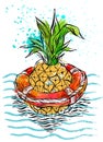 Hand drawn vector abstract color graphic illustration of pineapple floating in lifebuoy in ocean waves.Illustration of